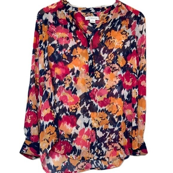 Liz Claiborne Watercolor Floral Abstract Long Sleeve Blouse Size Small - Picture 6 of 14